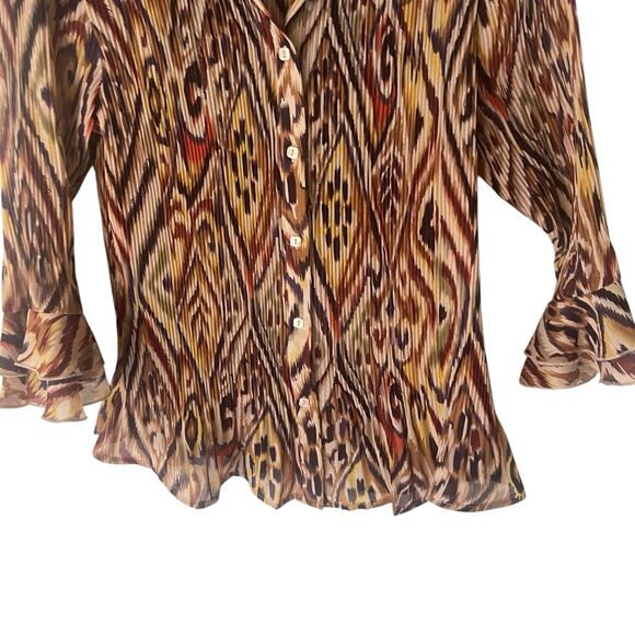 Essentials Milano PM Ikat Retro Trippy Hippie Long Sleeve Flutter Button Blouse‎ - Picture 3 of 9